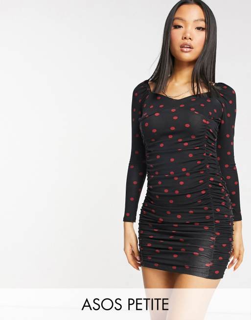 ASOS DESIGN Petite - Langærmet minikjole med rynker og hjerteformet udskæring i prikket print