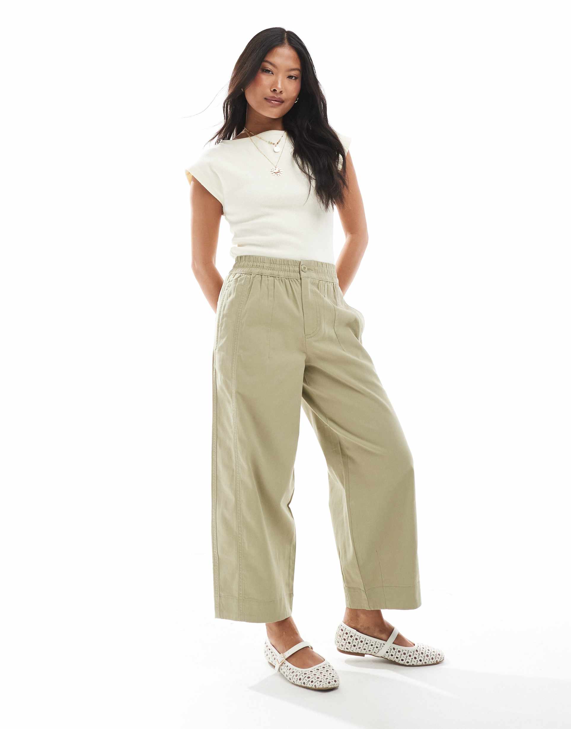 asos design petite laundered barrel leg pull on pants in khaki green