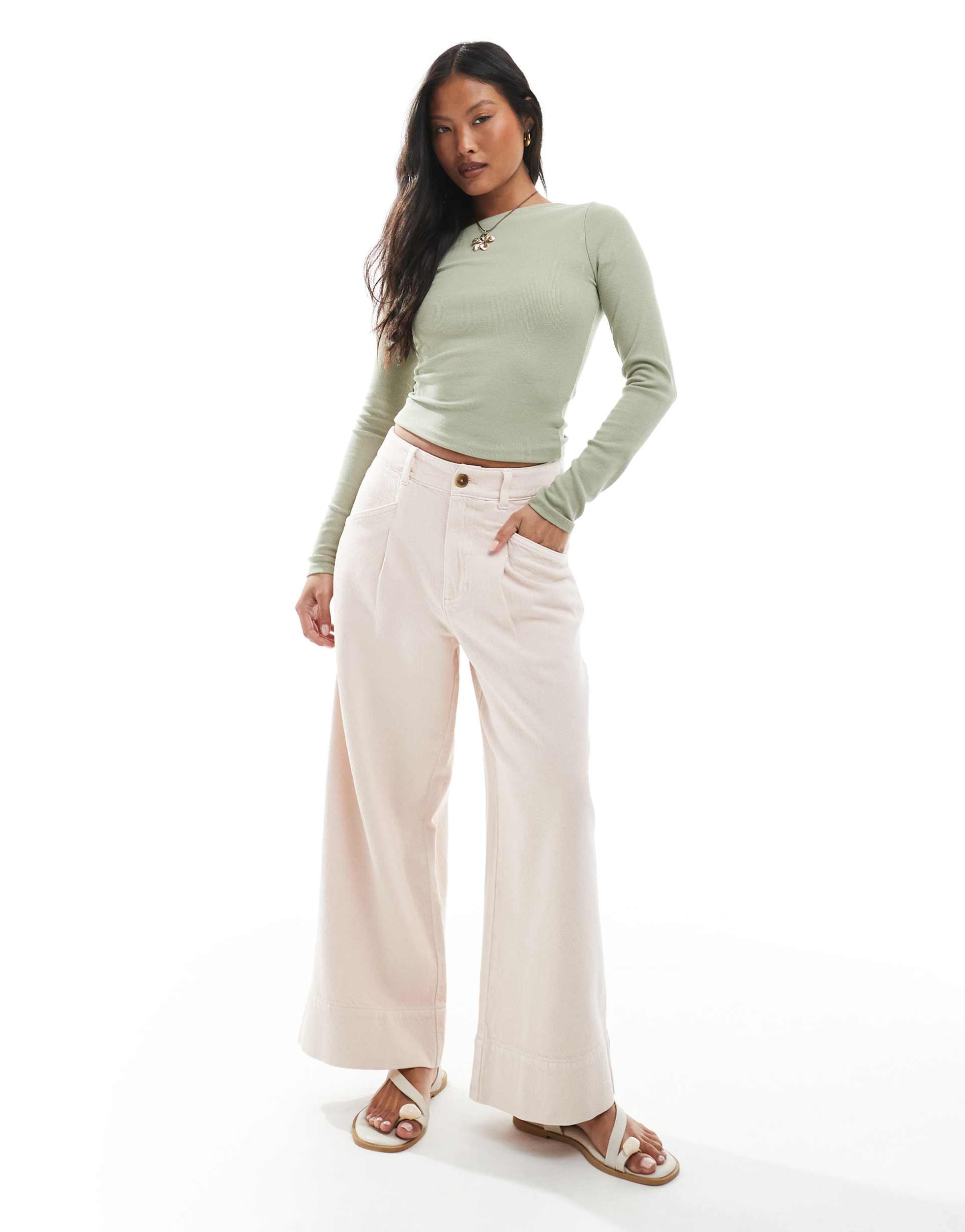 asos design petite laundered cropped wide leg pants in pink