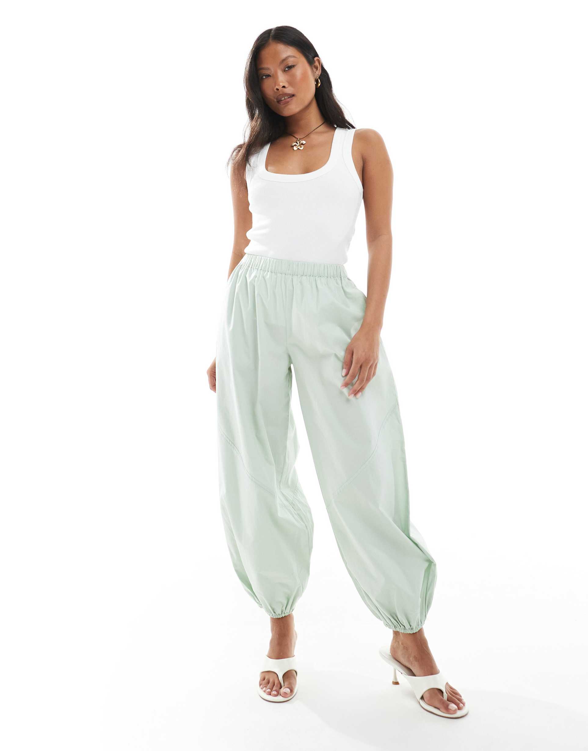 asos design petite laundered poplin pull on pants with utility panels in sage