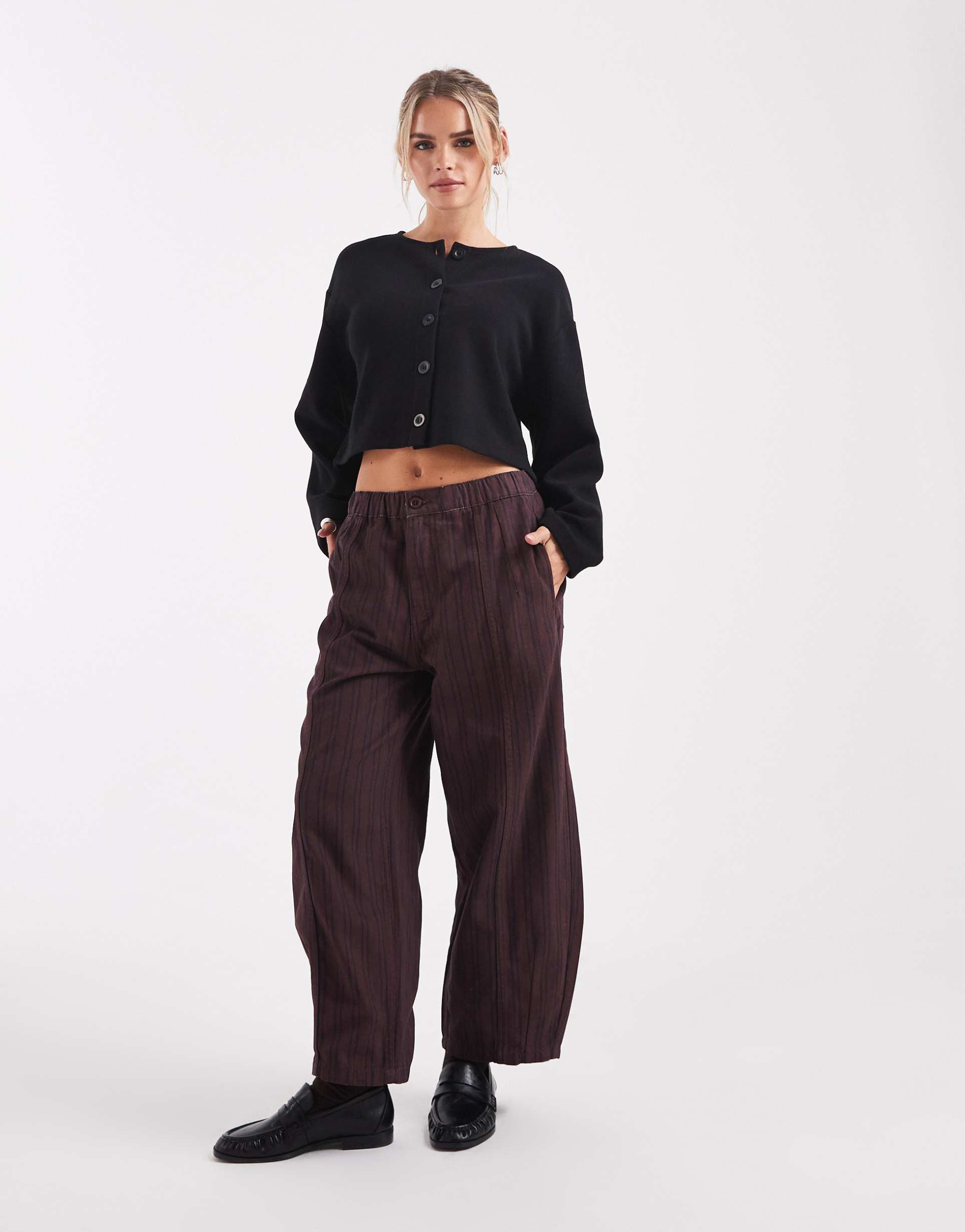 asos design petite laundered pull on barrel leg pants in burgundy and navy stripes