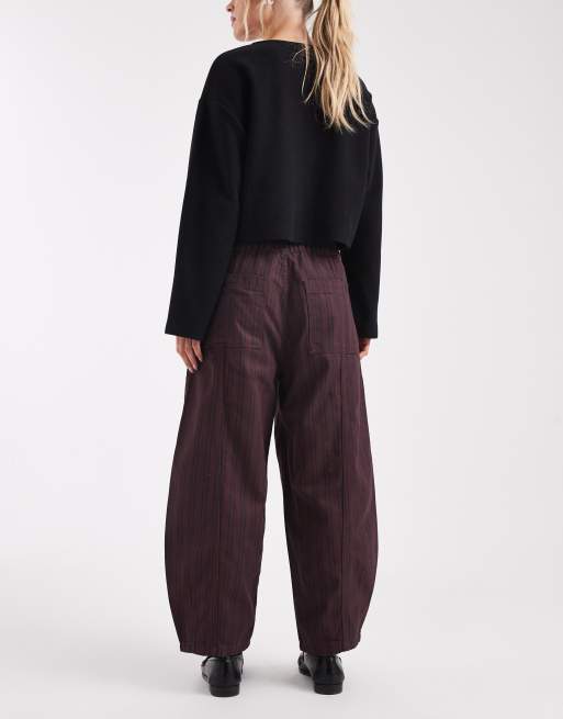 ASOS DESIGN Petite laundered pull on barrel leg pants in burgundy and navy stripes
