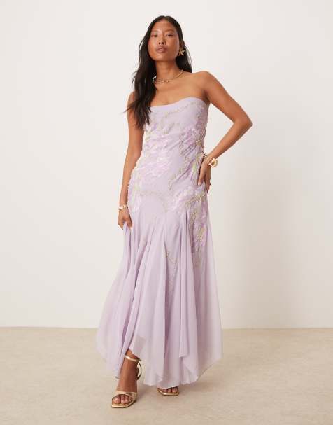 ASOS DESIGN Petite bandeau floral embellished maxi dress in lavender