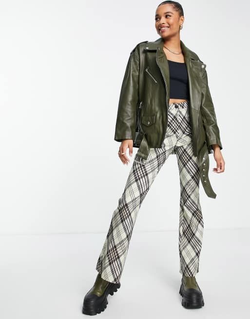 ASOS DESIGN Petite leather jacket in khaki