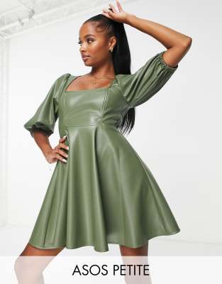 ASOS DESIGN Petite leather look babydoll mini skater dress in olive-Green