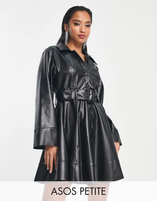 ASOS DESIGN Petite leather look belted skater mini shirt dress in black ...