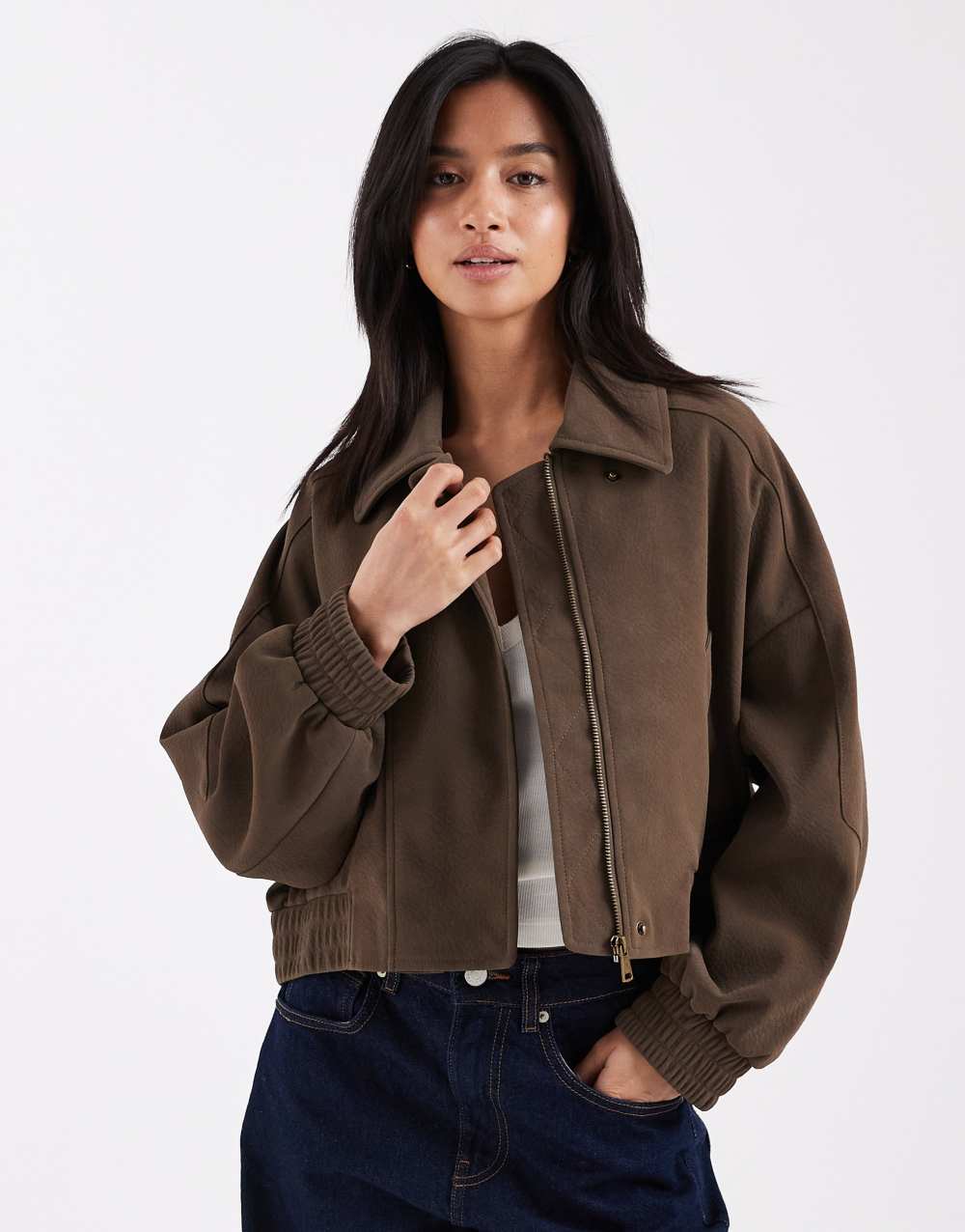 ASOS DESIGN Petite leather look biker bomber jacket in mocha