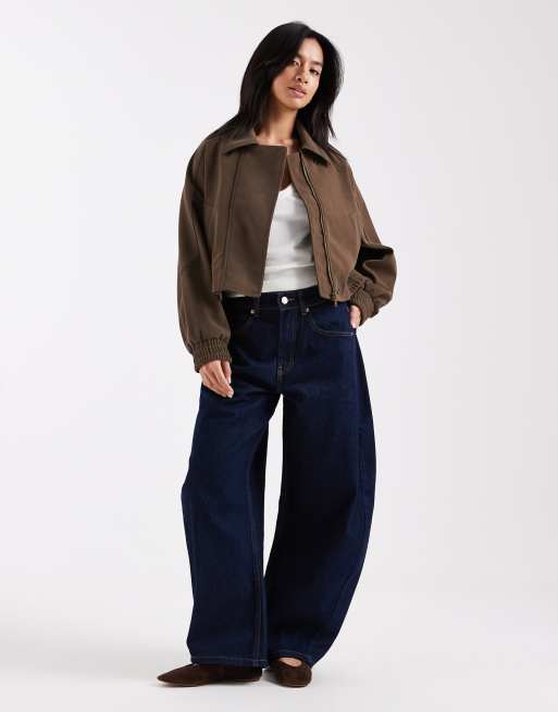 ASOS DESIGN Petite leather look biker bomber jacket in mocha, 2 of 4