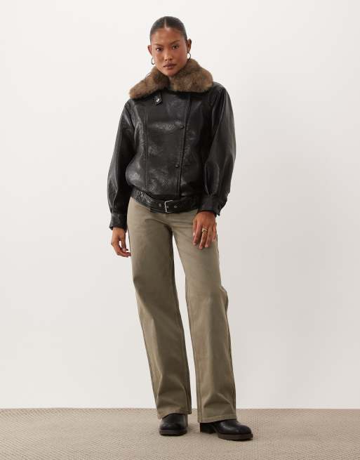 ASOS DESIGN Petite leather look biker jacket with tan faux fur collar in black, 2 of 4