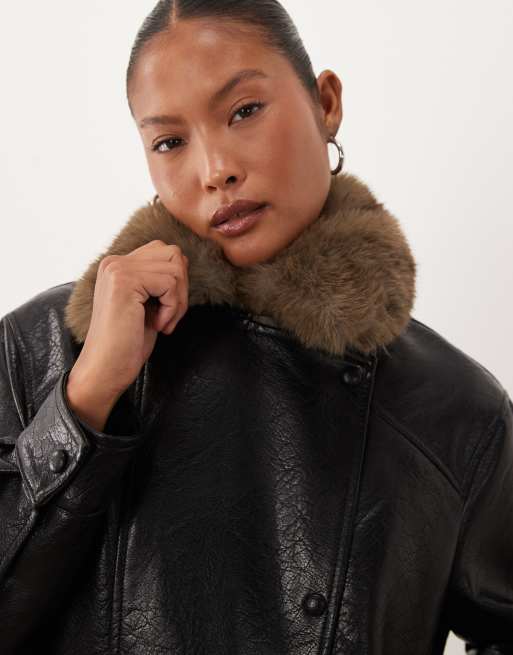 ASOS DESIGN Petite leather look biker jacket with tan faux fur collar in black, 3 of 4