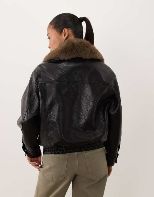 ASOS DESIGN Petite leather look biker jacket with tan faux fur collar in black, 4 of 4