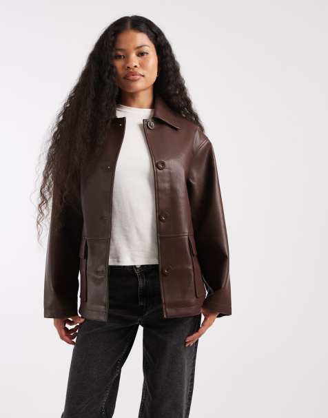 ASOS DESIGN Petite leather look harrington jacket in chocolate