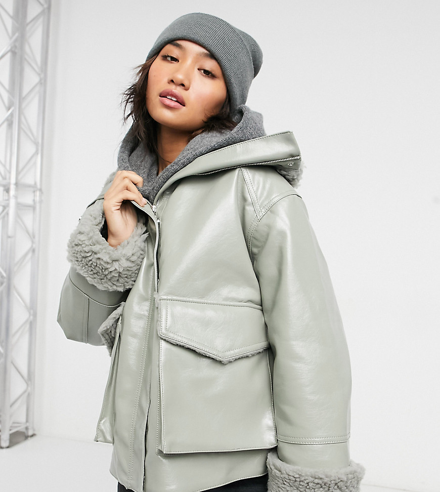 Asos Design Petite Leather Look Jacket With Sherpa Lining In Sage-multi