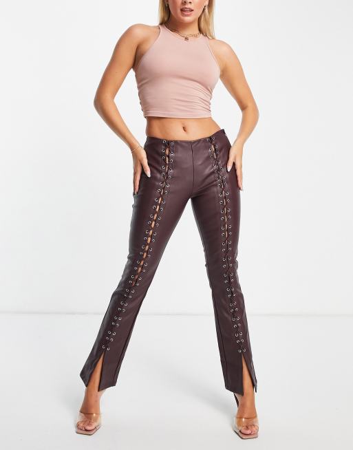 ASOS DESIGN Petite leather-look lace-up flare pants in plum