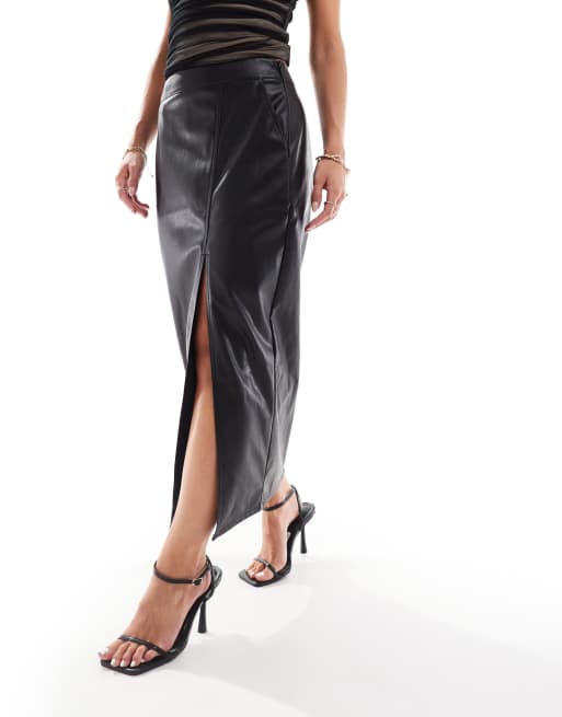 ASOS Design Petite Leather Look Maxi Skirt with Side Slit in Black