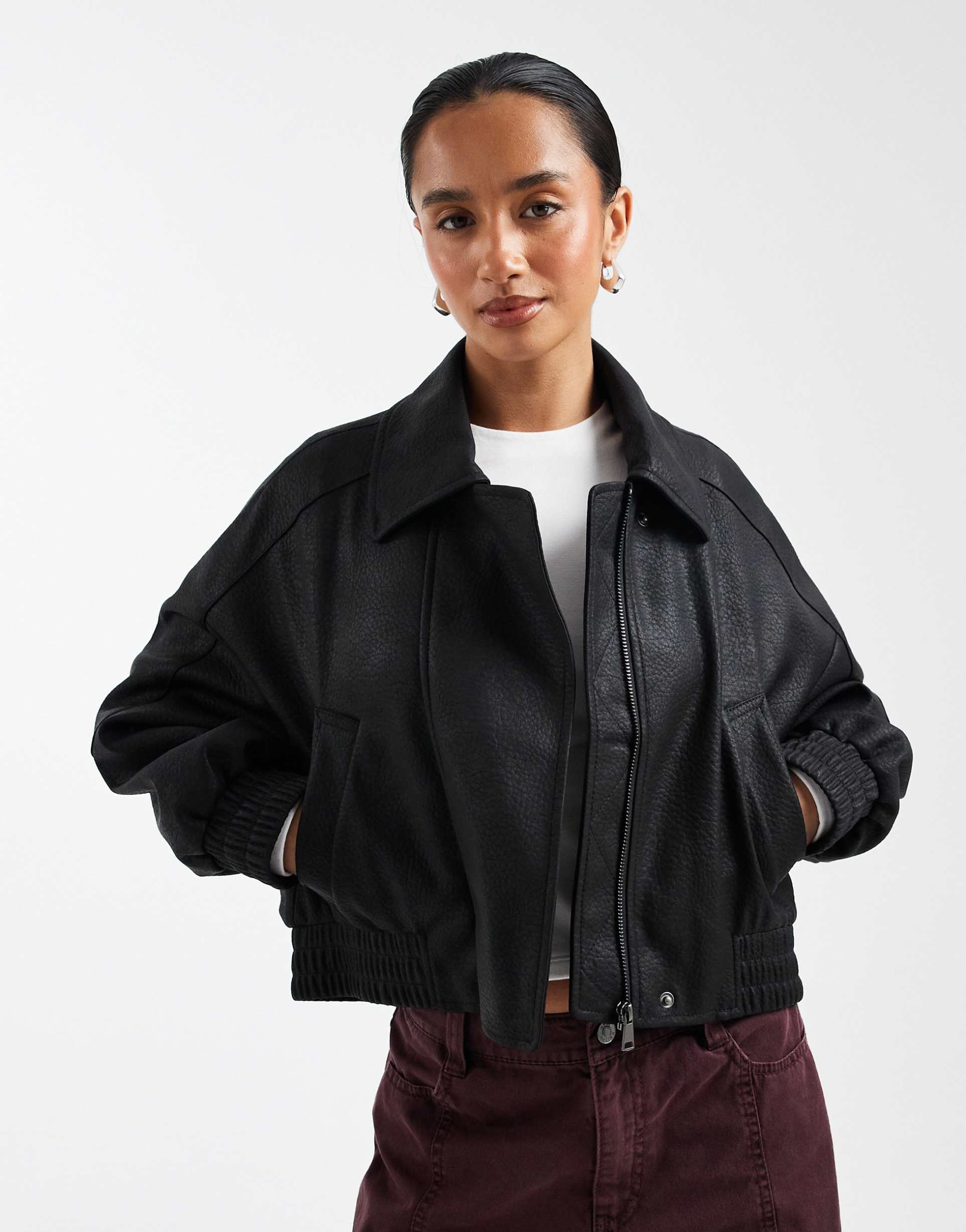 asos design petite leather look moto bomber jacket in black