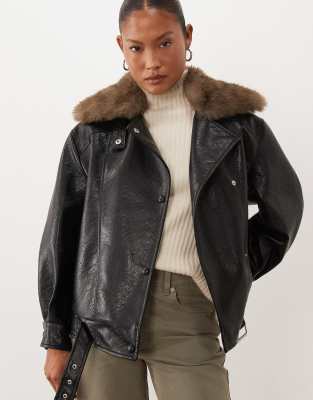 Asos Petite Asos Design Petite Leather Look Moto Jacket With Tan Faux Fur Collar In Black