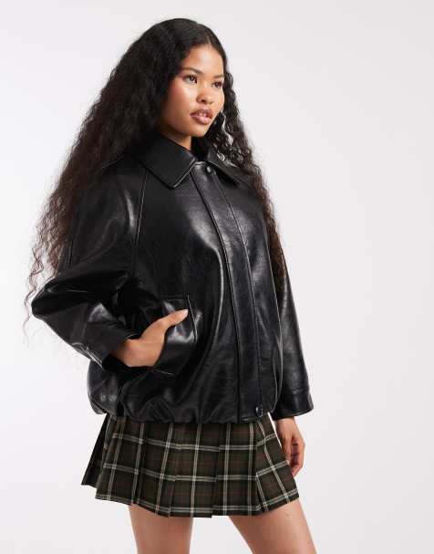ASOS DESIGN Petite leather look oversized bomber jacket in black - view 1