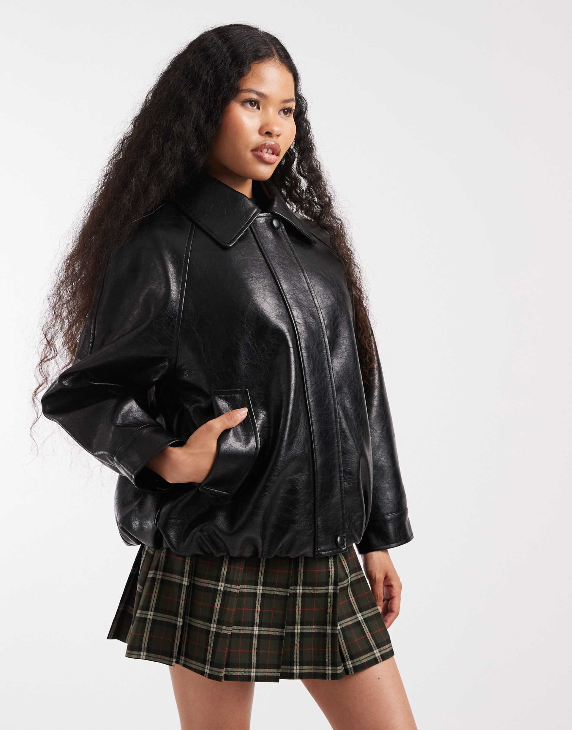 asos design petite leather look oversized bomber jacket in black