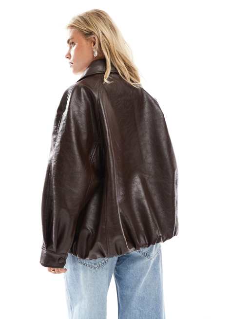 ASOS DESIGN Petite leather look oversized bomber jacket in chocolate
