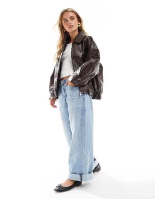 Asos Petite Asos Design Petite Leather Look Oversized Bomber Jacket In Brown