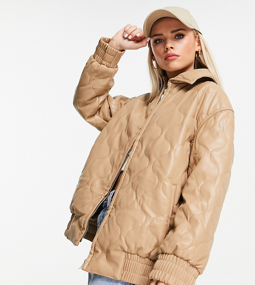 ASOS DESIGN Petite leather look quilted bomber jacket in camel-Neutral