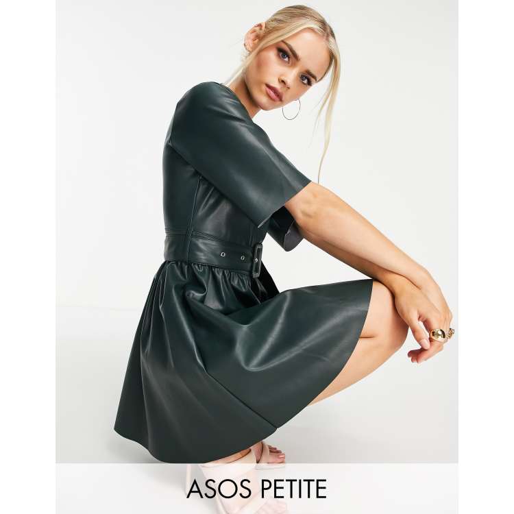 ASOS DESIGN Petite leather look t-shirt mini skater dress with belt in  bottle green | ASOS