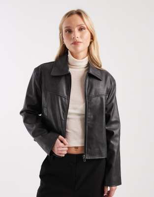 Asos Petite Asos Design Petite Leather Look Top Collar Jacket In Black