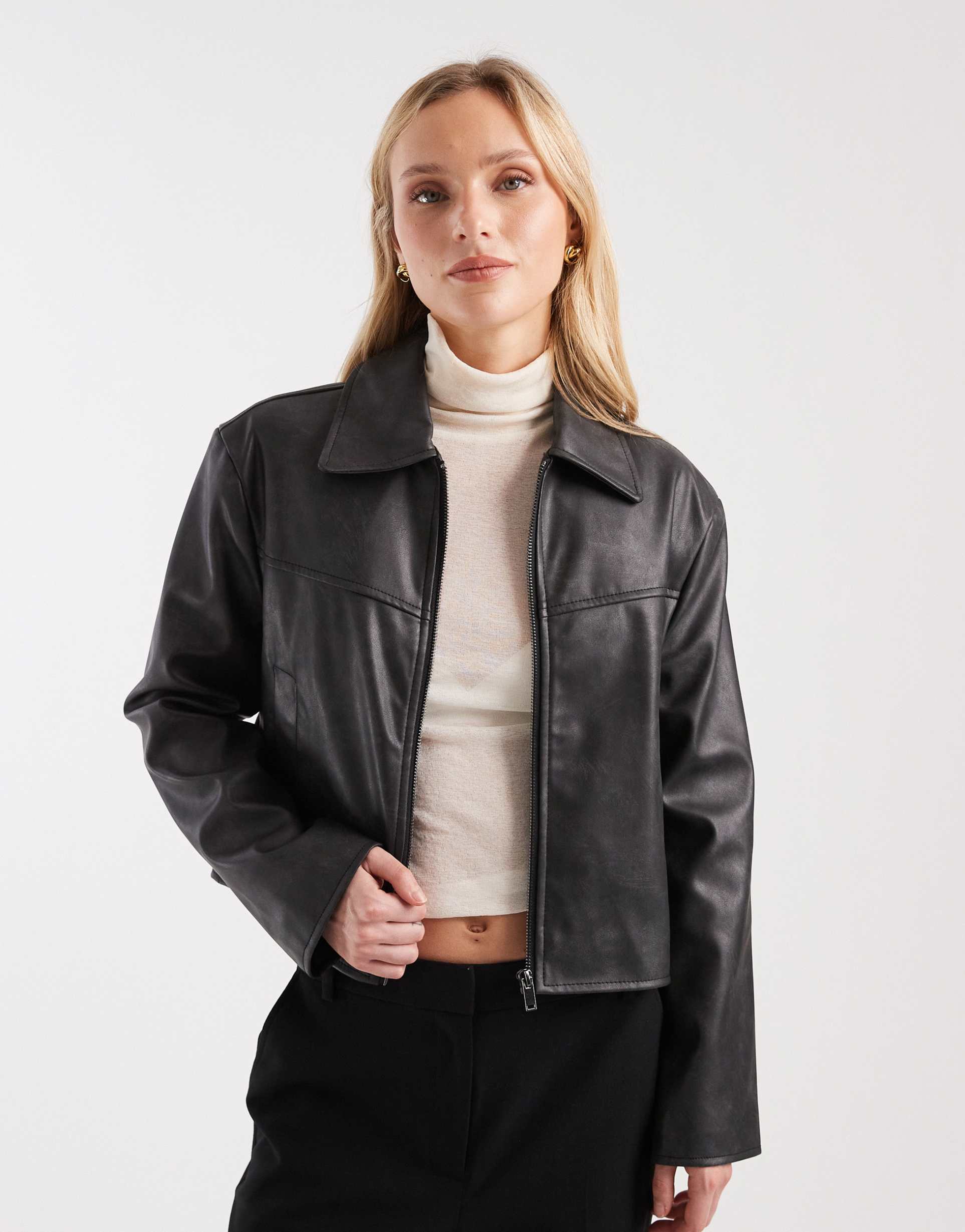 asos design petite leather look top collar jacket in washed black