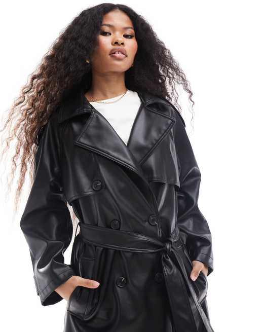 ASOS DESIGN Petite leather look trench coat in black ASOS