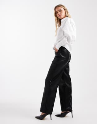 Asos Petite Asos Design Petite Leather Look Wide Leg Trouser In Black