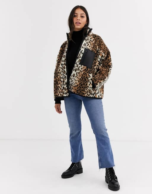 ASOS DESIGN Petite leopard fleece jacket with binding detail