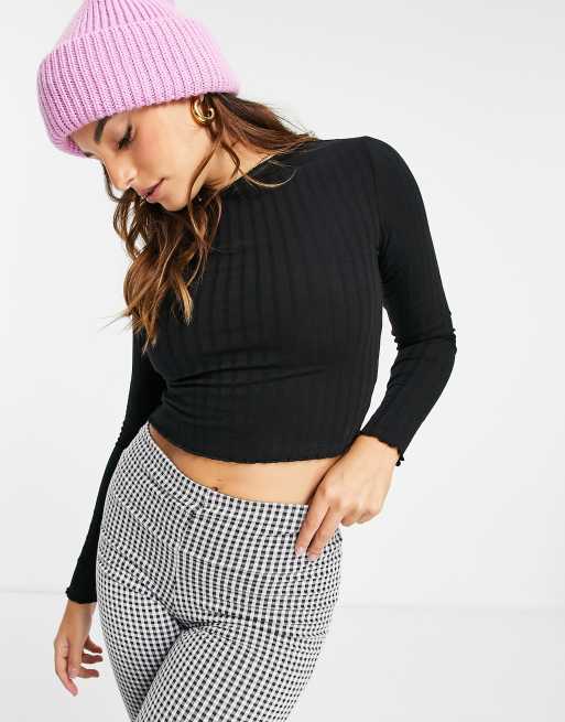 ASOS DESIGN Petite lettuce edge crop t-shirt in black, 3 of 4