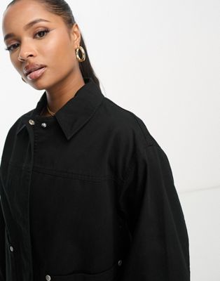 ASOS DESIGN Petite cotton twill shacket with pocket in black