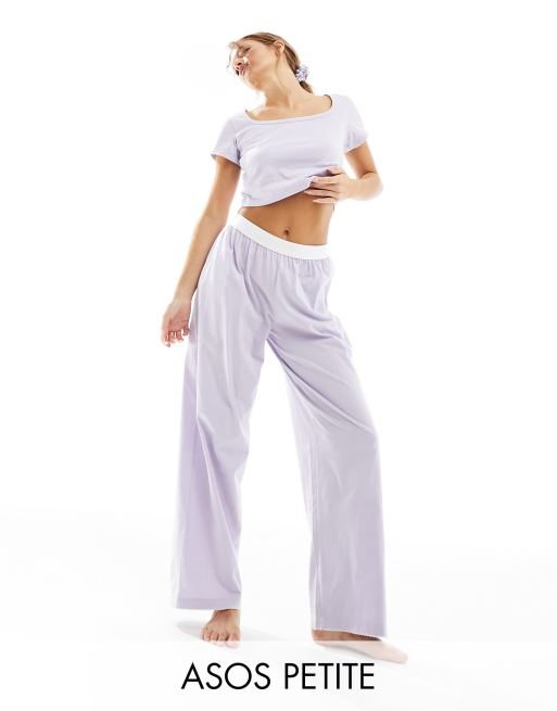 ASOS DESIGN Petite – Liliowe bawełniane spodnie od piżamy z szeroką taśmą w talii i pikotkowym wykończeniem