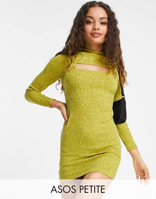 ASOS DESIGN Petite – Limegrön melerad miniklänning med lång ärm och utskurna detaljer