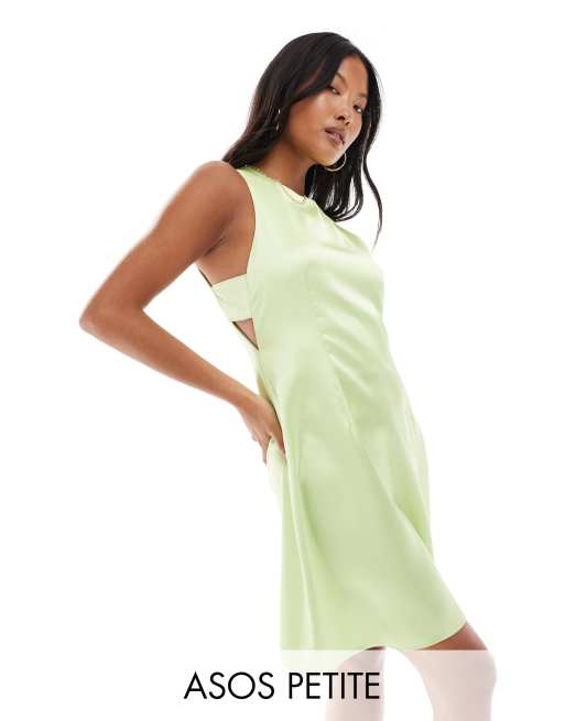 ASOS DESIGN Petite – Limegrön minilång shiftklänning i satin med flikar i sidorna