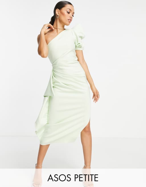 ASOS DESIGN Petite – Limonkowa marszczona sukienka midi na jedno ramię z bufiastym rękawem