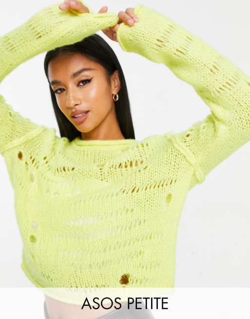 ASOS DESIGN Petite – Limonkowozielony sweter o splocie imitującym efekt znoszenia z puszystej przędzy