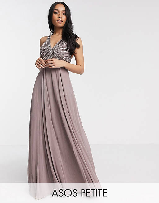 ASOS DESIGN Petite linear embellished bodice maxi dress with tulle skirt in dusty purple