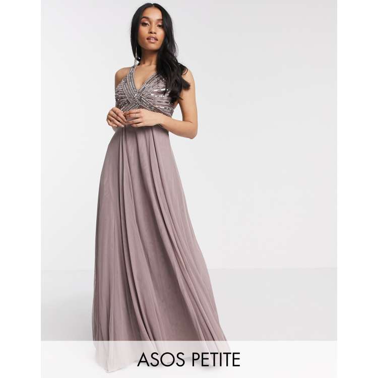 ASOS DESIGN Petite linear embellished bodice maxi dress with tulle skirt in dusty purple