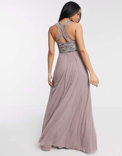 ASOS DESIGN Petite linear embellished bodice maxi dress with tulle skirt in dusty purple