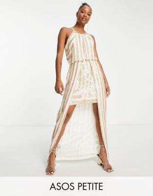 Asos Design Petite Linear Embellished Mini Dress With Maxi Overlay And Ball Bearing Embellishment In White