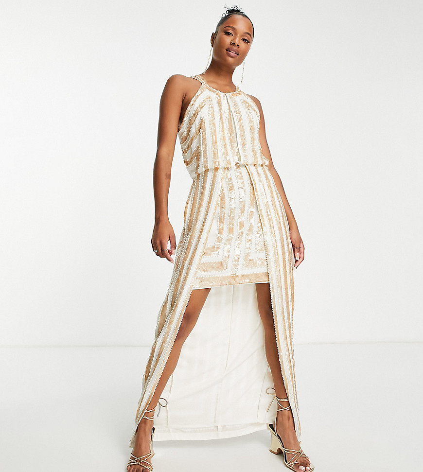 ASOS DESIGN Petite linear embellished mini dress with maxi overlay and ball bearing embellishment in white
