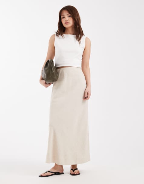 ASOS DESIGN Petite linen bias midaxi skirt in stone - view 1