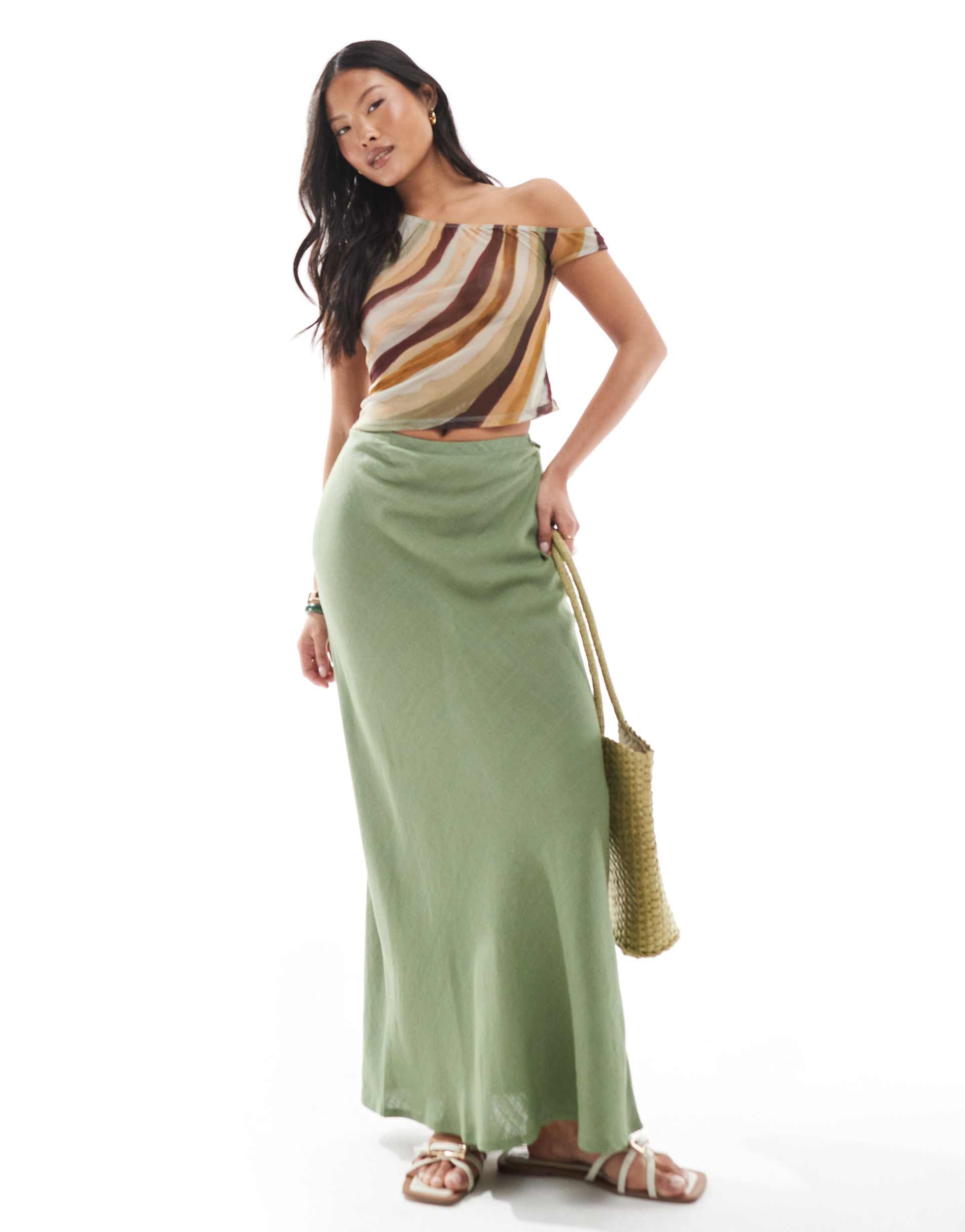 asos design petite linen blend bias maxi skirt in khaki