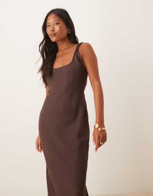 ASOS DESIGN Petite linen-blend twist strap bias maxi dress in chocolate, 2 of 4