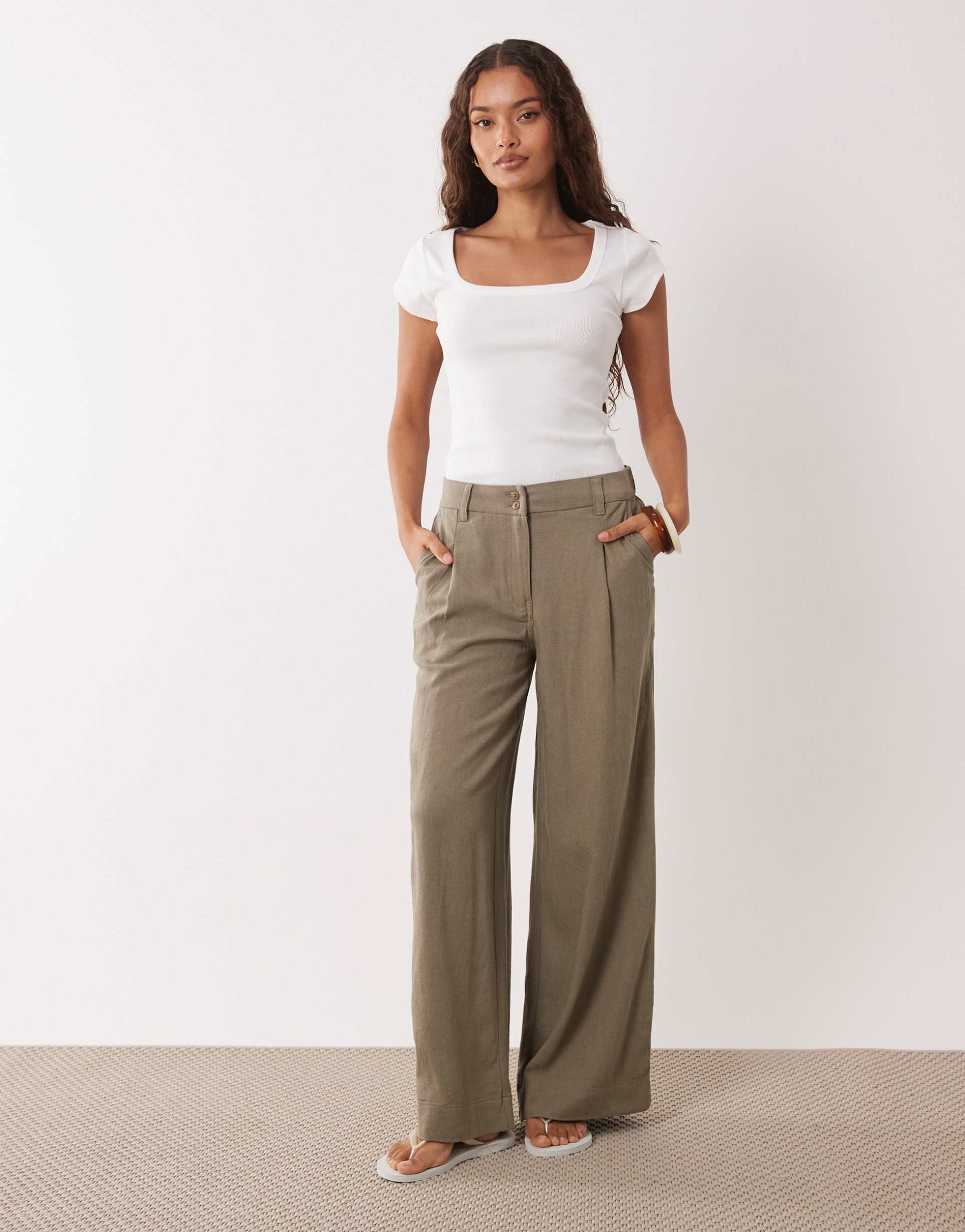 asos design petite linen blend wide leg pants with pleated detailing in khaki