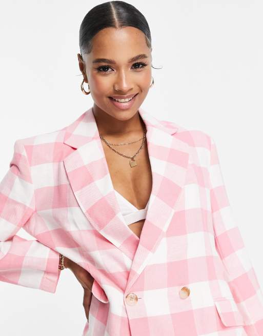 ASOS DESIGN Petite linen check double breasted suit blazer in