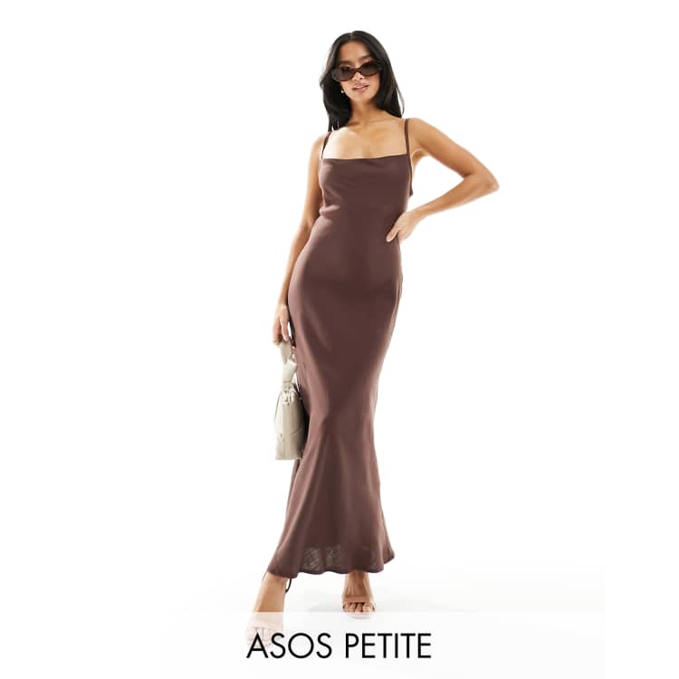 ASOS DESIGN Petite linen cowl detail maxi slip sundress with draped back  detail in chocolate